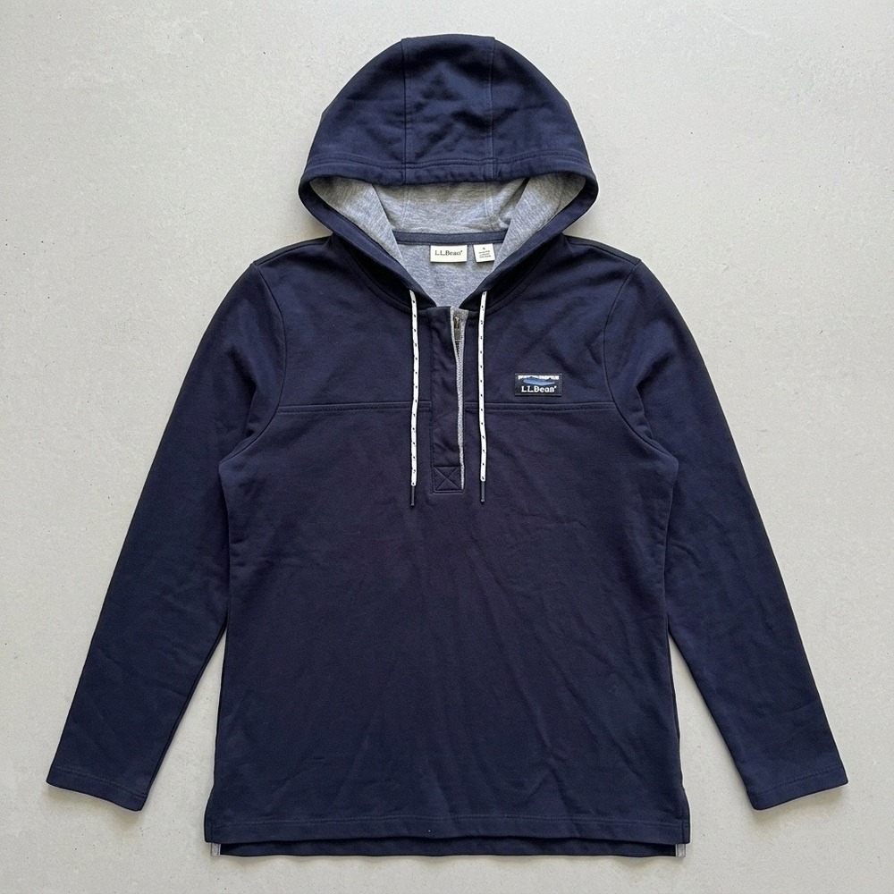 LL Bean Hoodie Women Petite Small Navy Blue Quarter Zip Cotton Pullover Outdoors